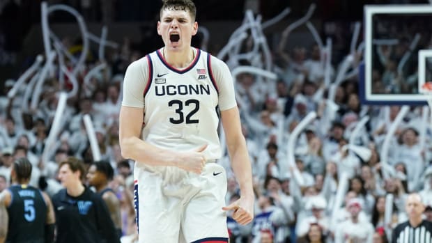 UConn Huskies center Donovan Clingan (32) reacts after timeout is called as they take on the Villanova Wildcats in the second half at Harry A. Gampel Pavilion in Storrs, Connecticut, on Feb. 24, 2024.